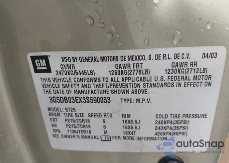 2003 Buick Rendezvous Cx from USA, damaged, VIN 3G5DB03EX3S590053